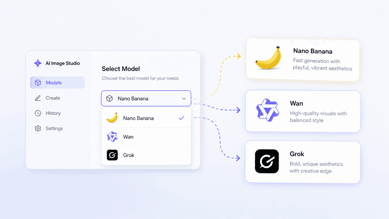 AI Image Studio model selector for Nano Banana, Wan, and Grok