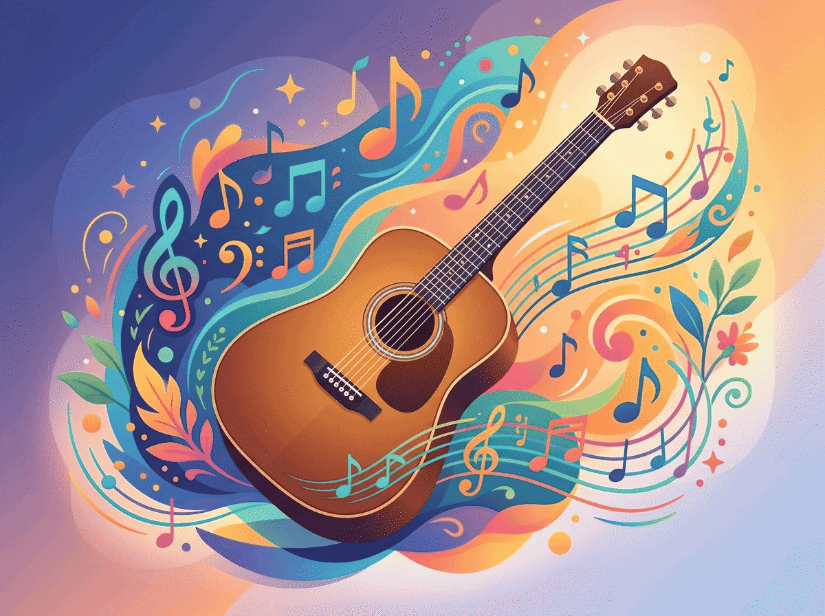 An acoustic guitar surrounded by colorful musical notes