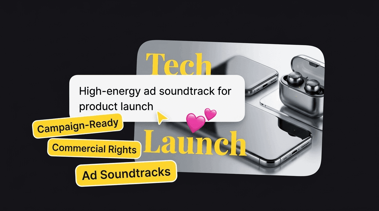 Campaign-ready commercial soundtrack controls shown with a technology product