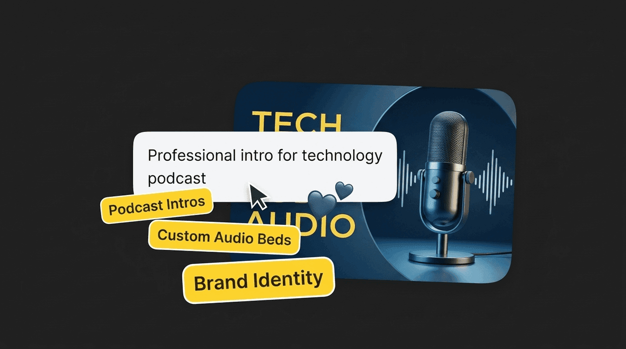 Custom podcast intro and audio branding controls with a studio microphone