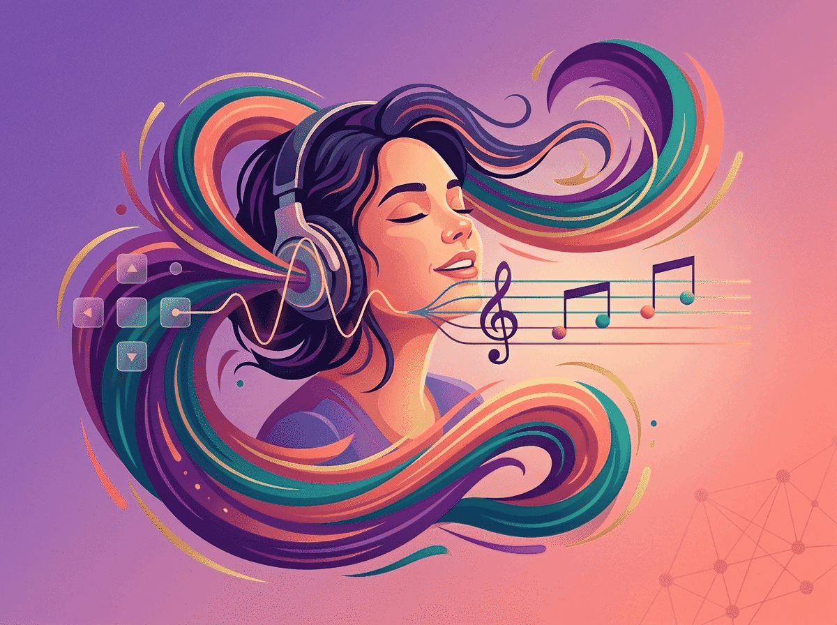 A music creator wearing headphones surrounded by colorful sound waves and musical notes
