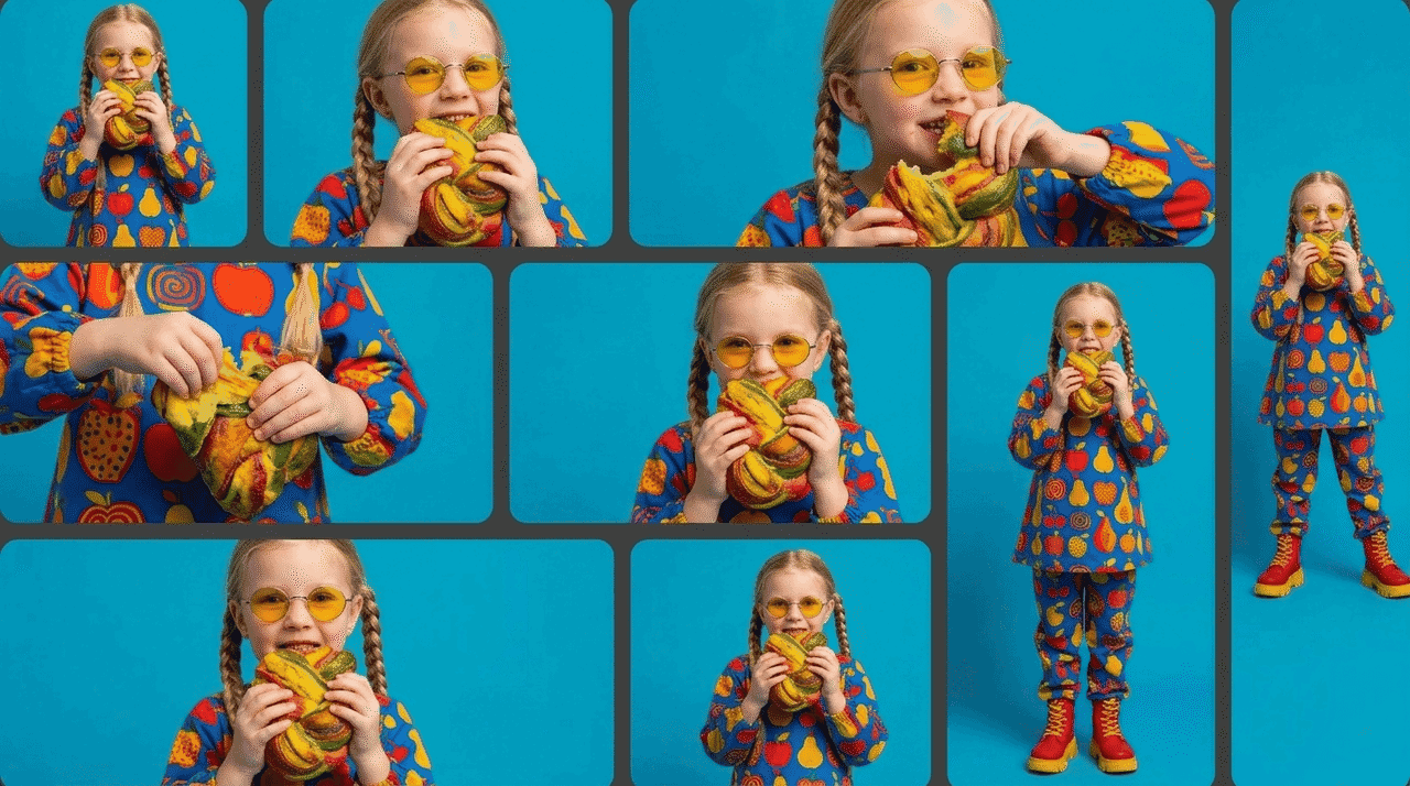 Blondes Kind in bunter Kleidung mit Bananen in mehreren Hoch- und Querformaten