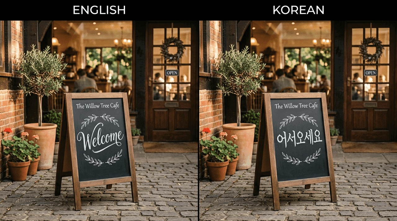 Nebeneinanderstehende Caféschilder auf Englisch und Koreanisch