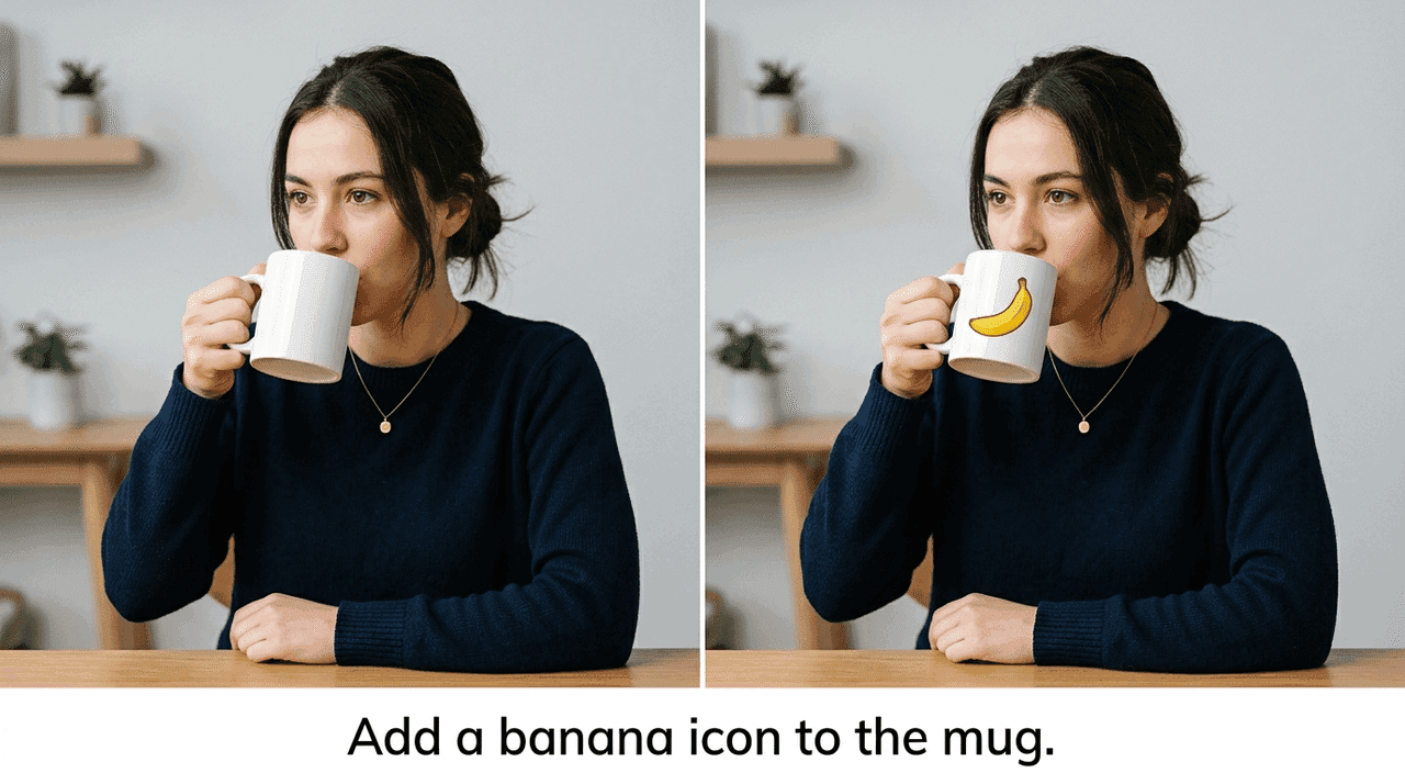 Vorher-nachher-Foto einer Frau beim Trinken aus einem Becher, dem eine Banane hinzugefügt wurde