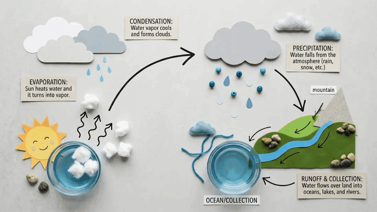 Lehrdiagramm zum Wasserkreislauf mit Sonne, Wolken, Regen, Fluss und Verdunstung