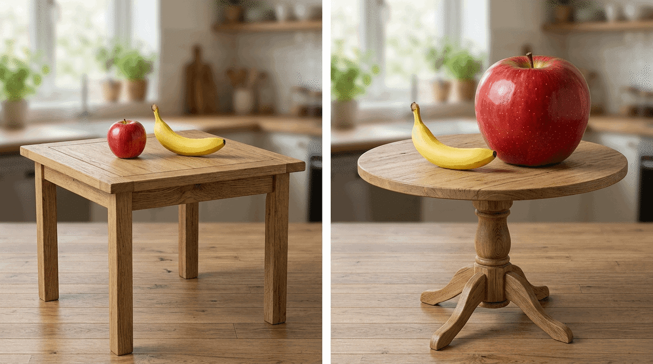 Apfel und Banane auf quadratischen und runden Holztischen, neu positioniert und skaliert
