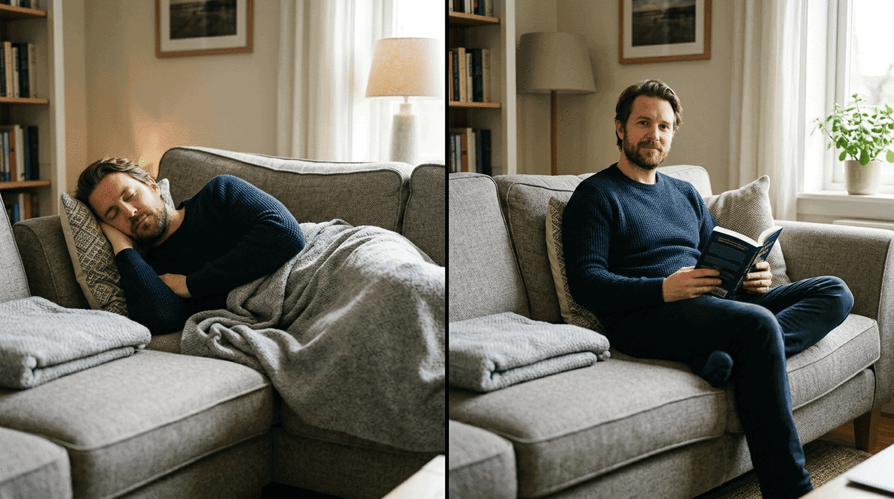 Mann schlafend auf dem Sofa und aufrecht sitzend beim Lesen