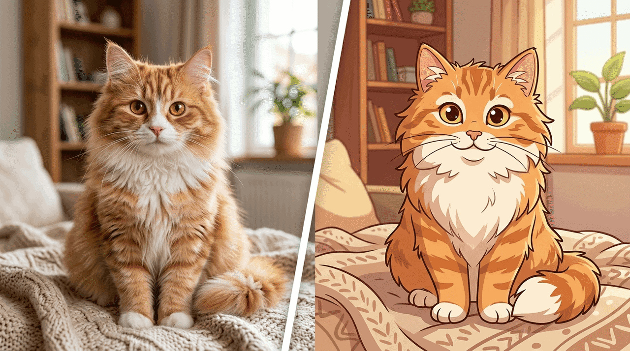 Foto einer orangefarbenen Katze, umgewandelt in eine Cartoon-Illustration