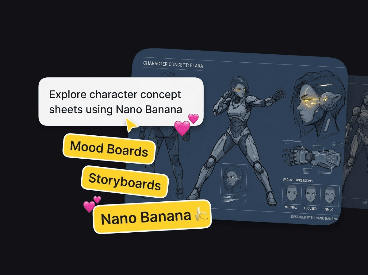 Roboter-Konzeptblatt mit Moodboard- und Storyboard-Beschriftungen