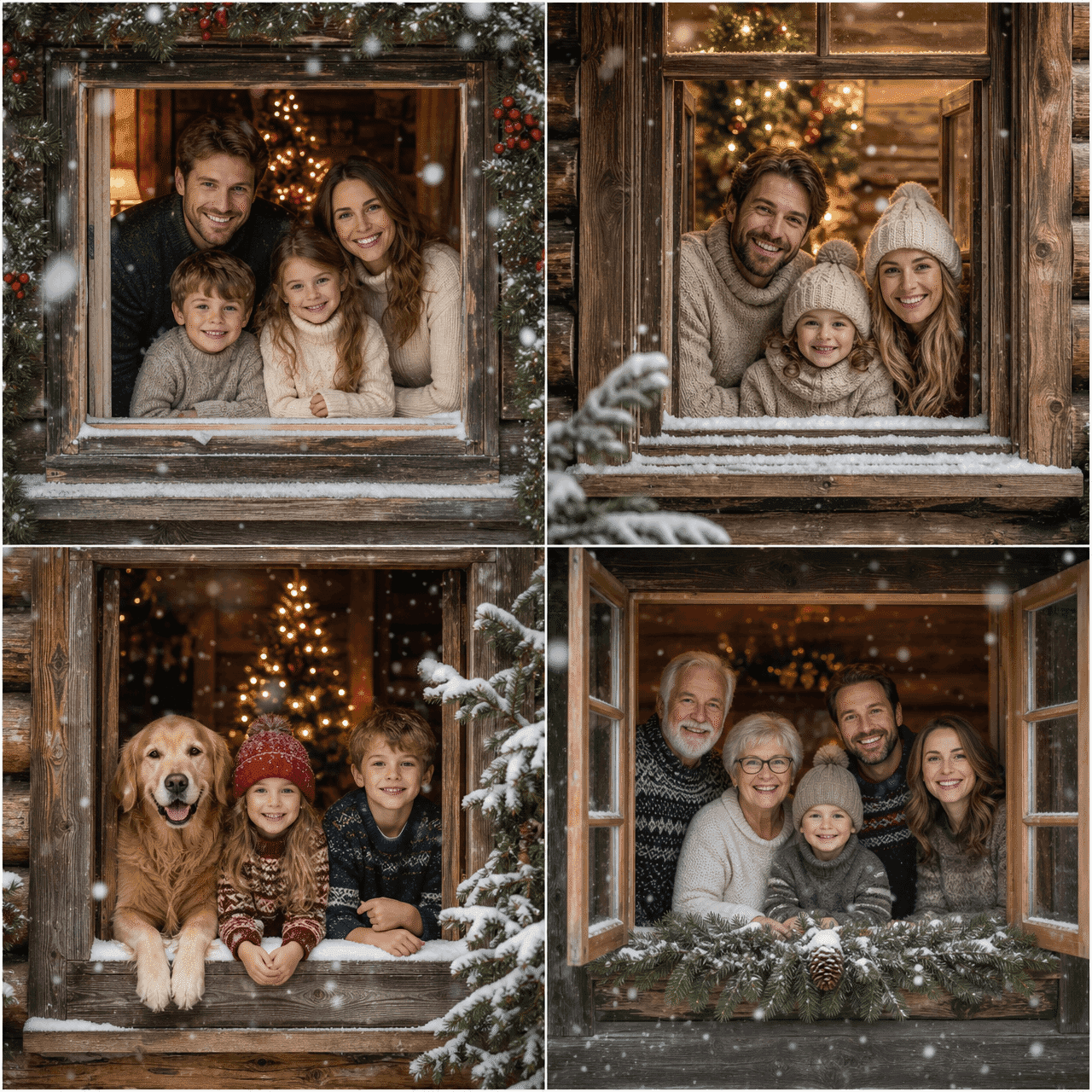 Personalisierte Weihnachtskartenporträts von Familien, eingerahmt von schneebedeckten Kabinenfenstern