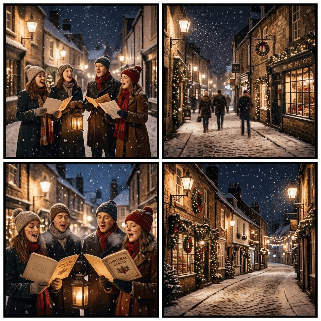 Weihnachtslieder und festliche Kopfsteinpflasterstraßen, beleuchtet von Vintage-Lampen im fallenden Schnee