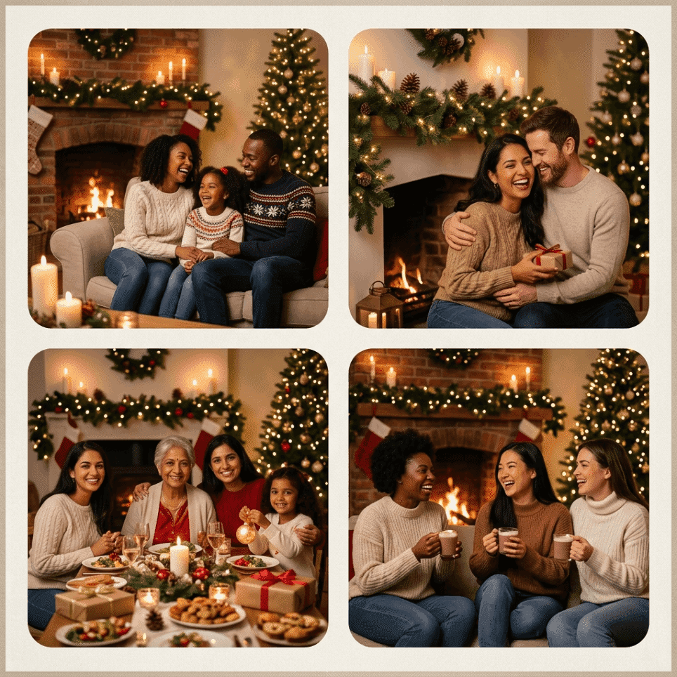 Familien, Paare und Freunde genießen warme Weihnachtsportraits neben einem geschmückten Kamin