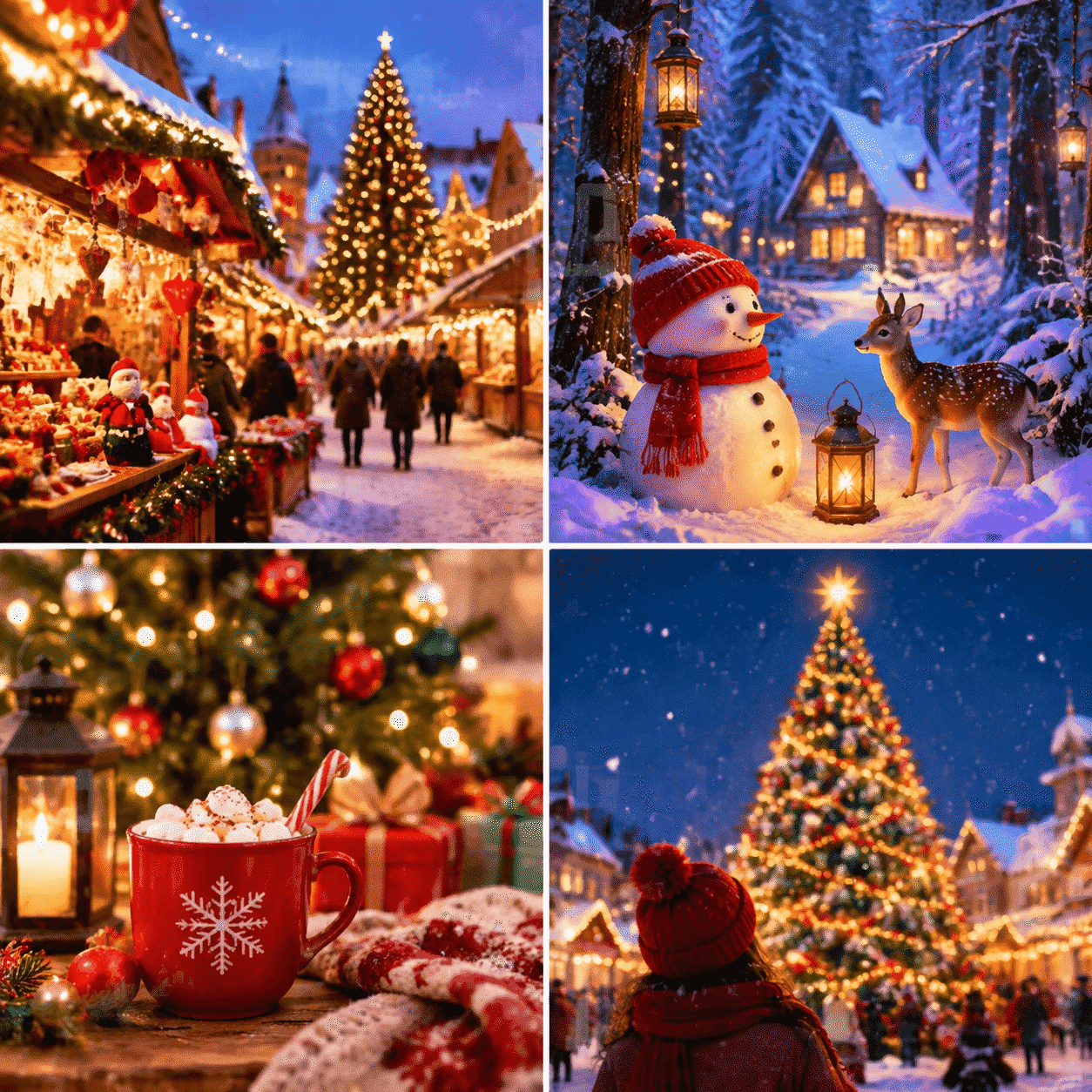 Festliche Inspiration für soziale Medien mit einem Weihnachtsmarkt, verschneiten Wald, heißem Kakao und einem Feiertagsbaum