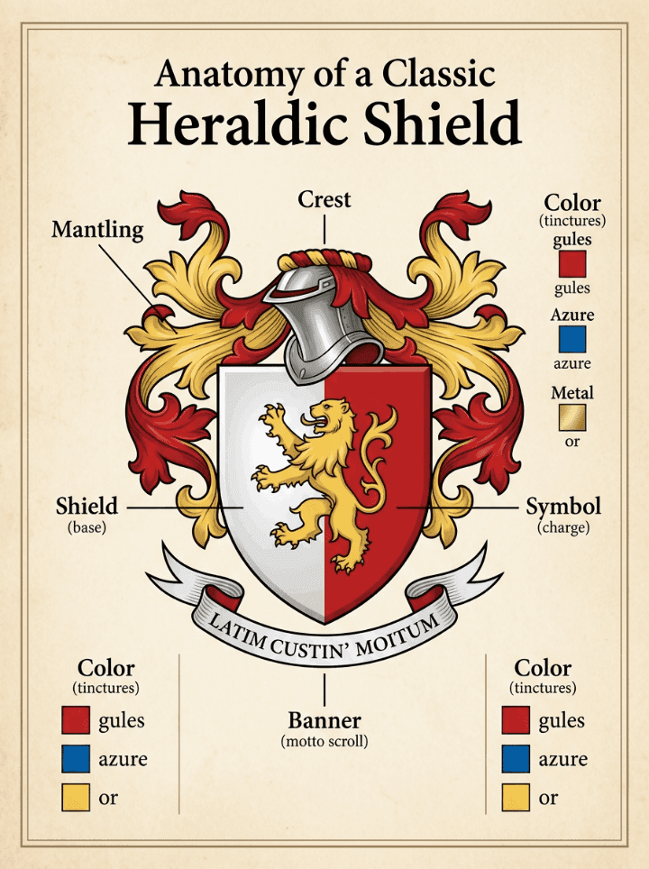 Anatomie eines klassischen heraldischen Schildes