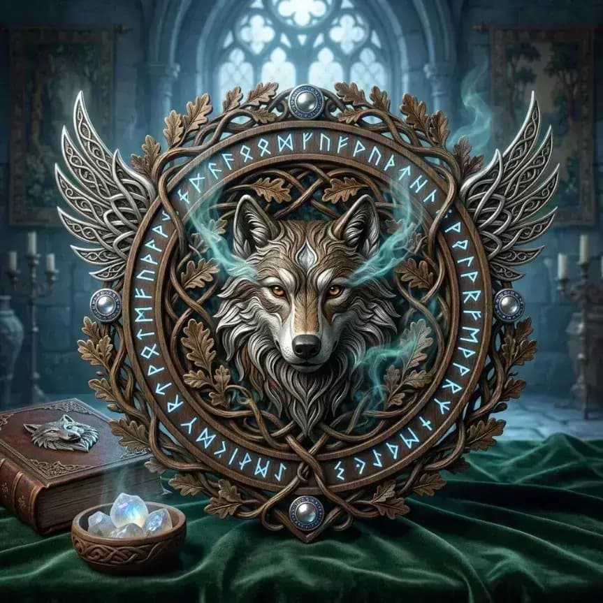 Detailed heraldic wolf crest with glowing runes