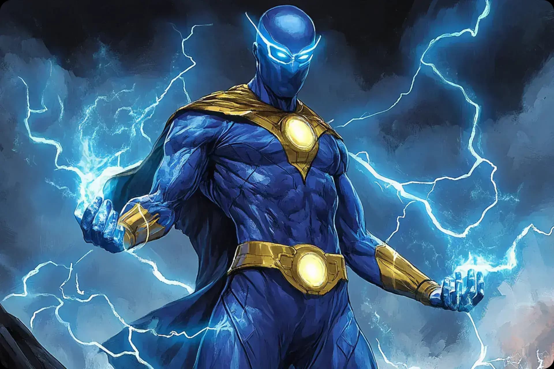 Cinematic blue and gold superhero artwork