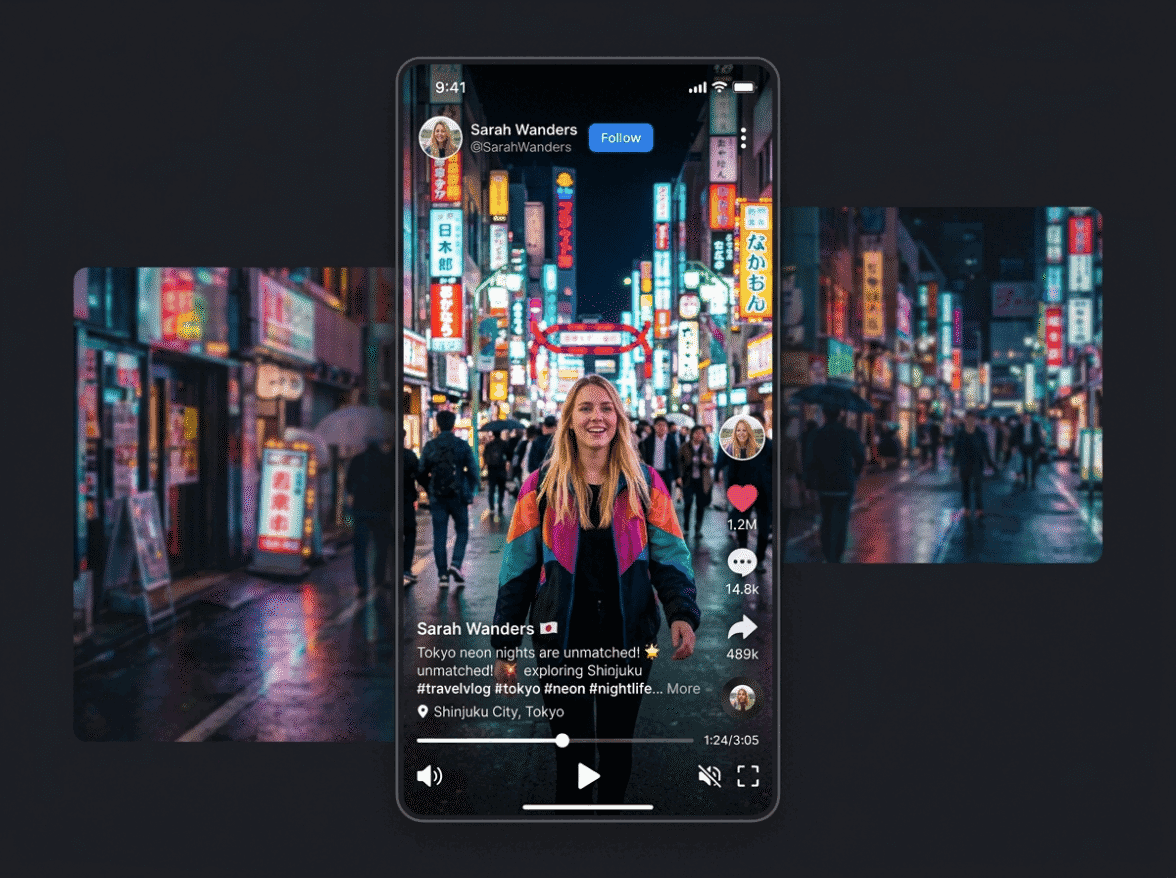 Un video social verticale in riproduzione su un telefono contro uno sfondo di una città al neon