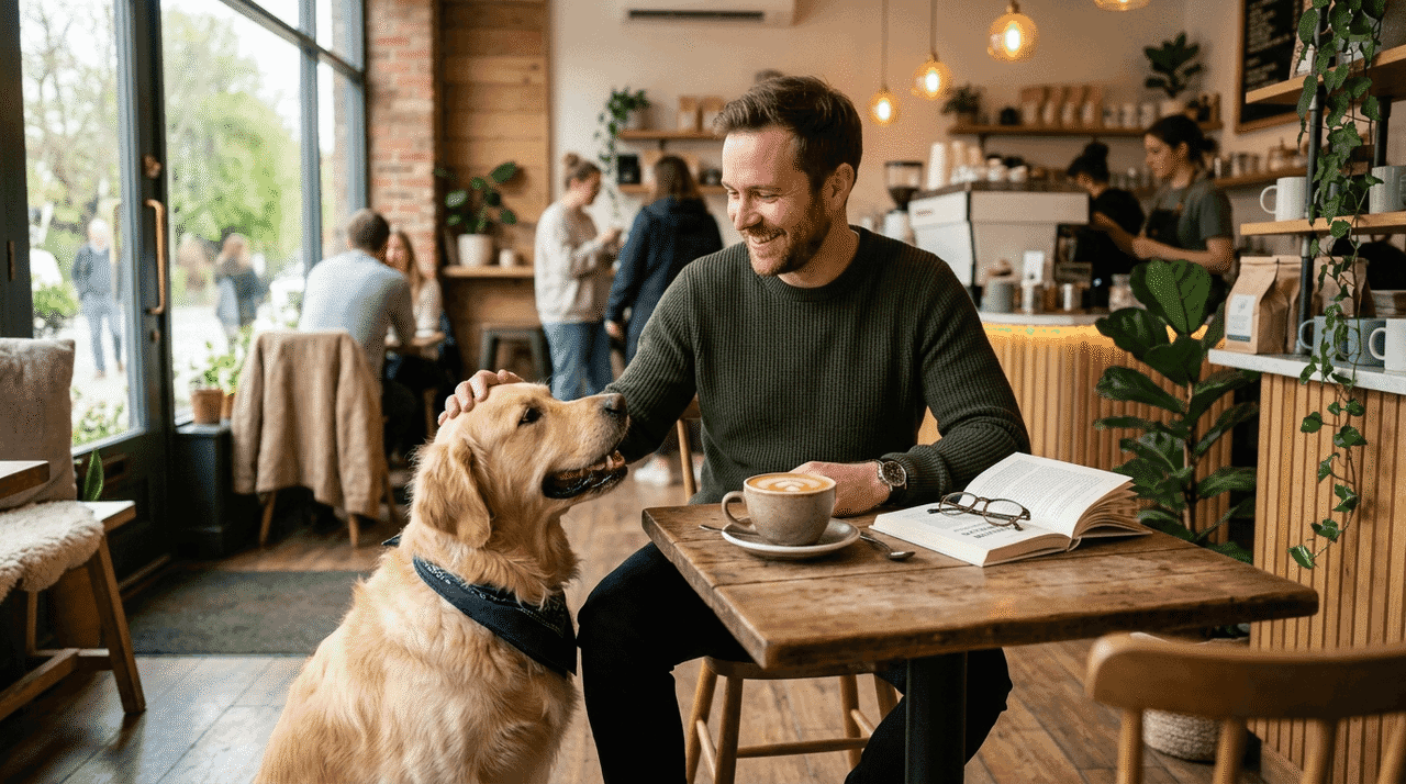 Un uomo che accarezza un labrador dorato accanto a un caffè e un libro aperto in un caffè luminoso