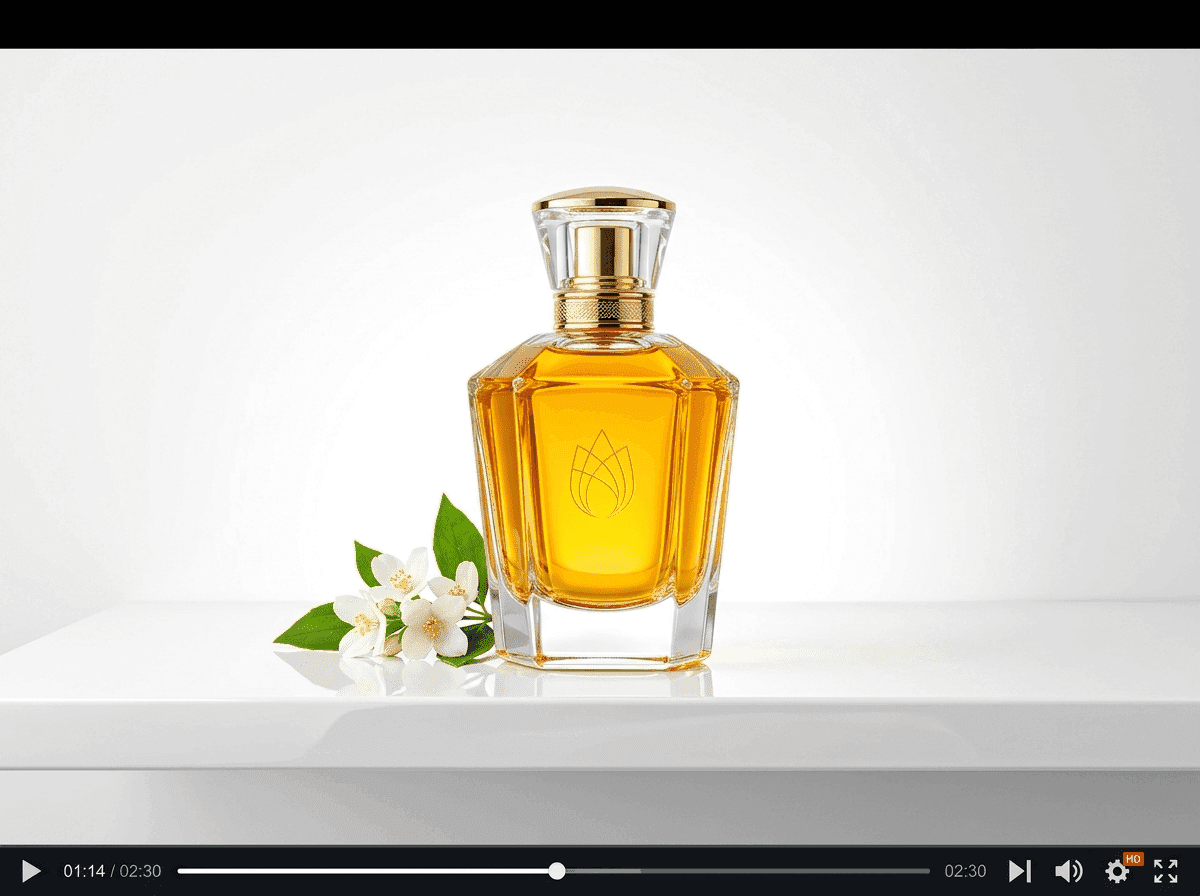 Una bottiglia di profumo ambra visualizzata in un lettore video su un set bianco pulito