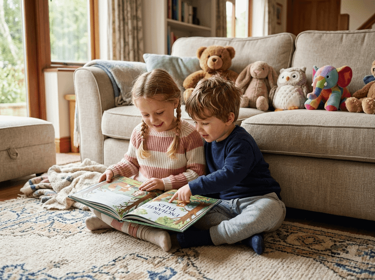 Due bambini che leggono insieme un libro illustrato in un soggiorno luminoso