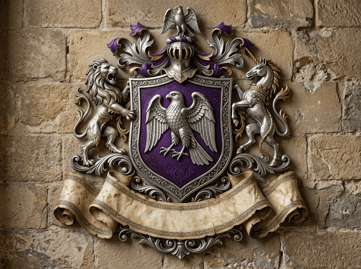 Uno stemma araldico ornato in viola e argento