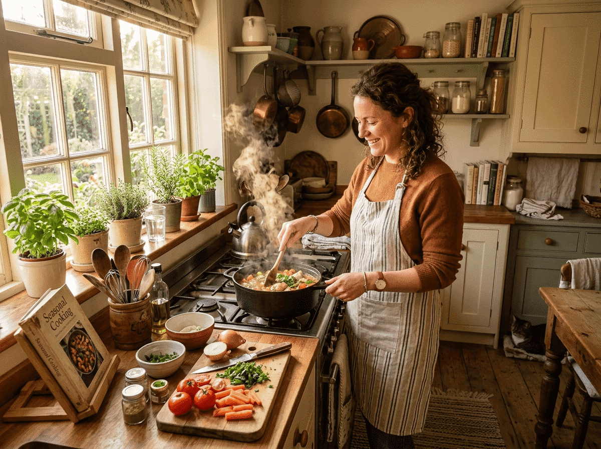Un creatore che cucina in una calda cucina domestica