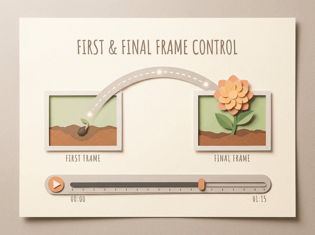 First and final video frames connected by a controlled transition