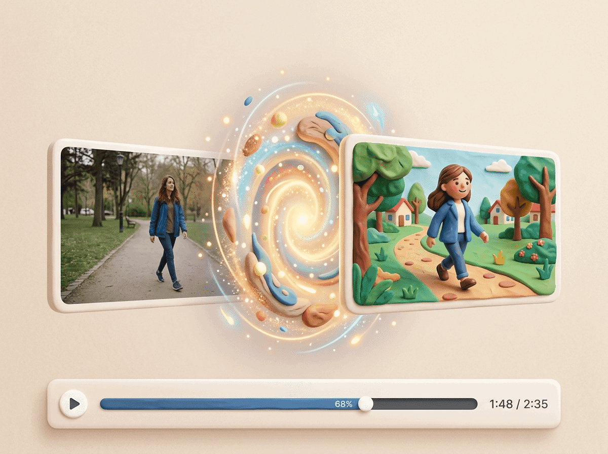 Real-world footage transformed into a claymation video style