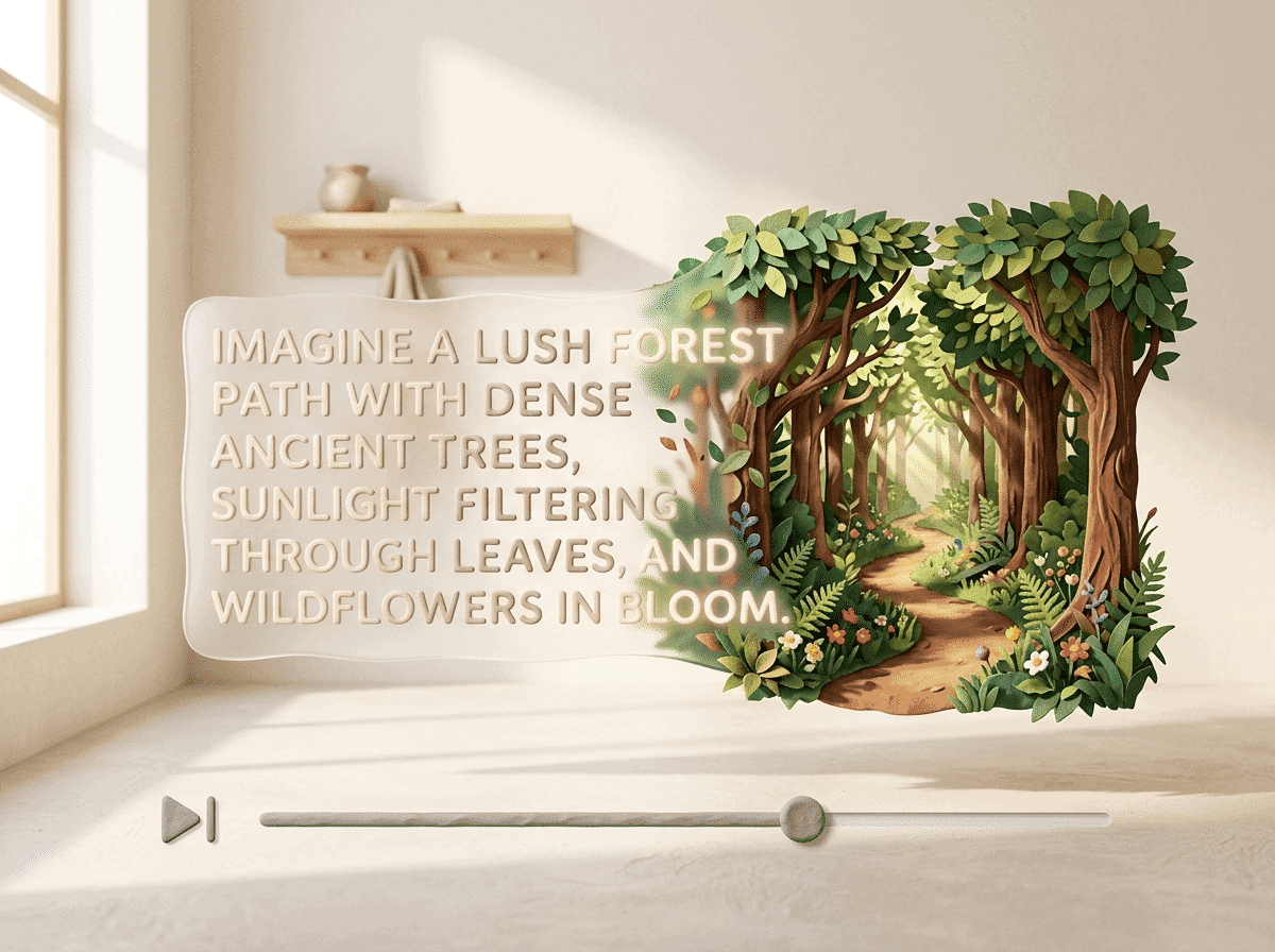 Text prompt transformed into a cinematic forest video scene