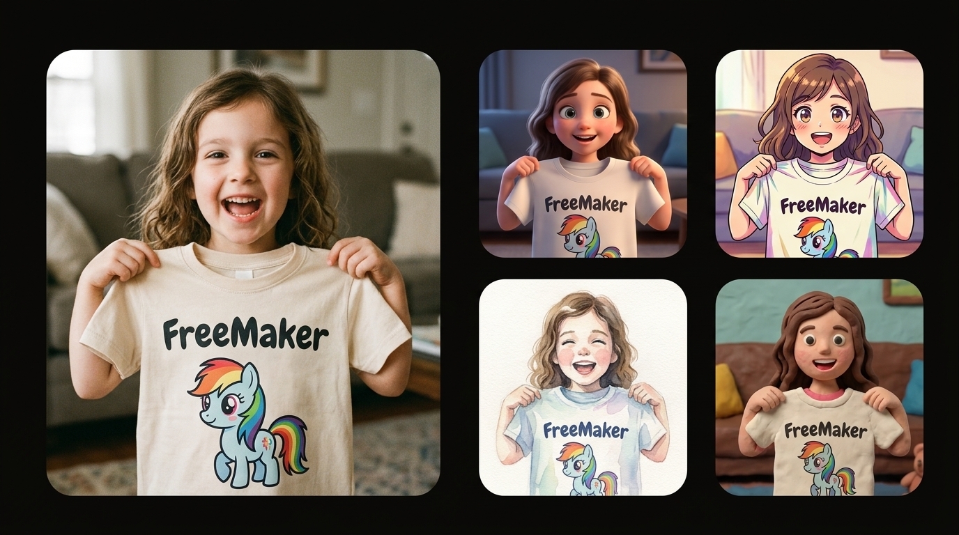 A comparison collage on a pure black background, featuring a large photorealistic photo on the left of a joyful little girl holding up a 'FreeMaker' cartoon pony t-shirt, and a vertical grid of stylized artistic interpretations of the same scene (3D, anime, watercolor, claymation) on the right.